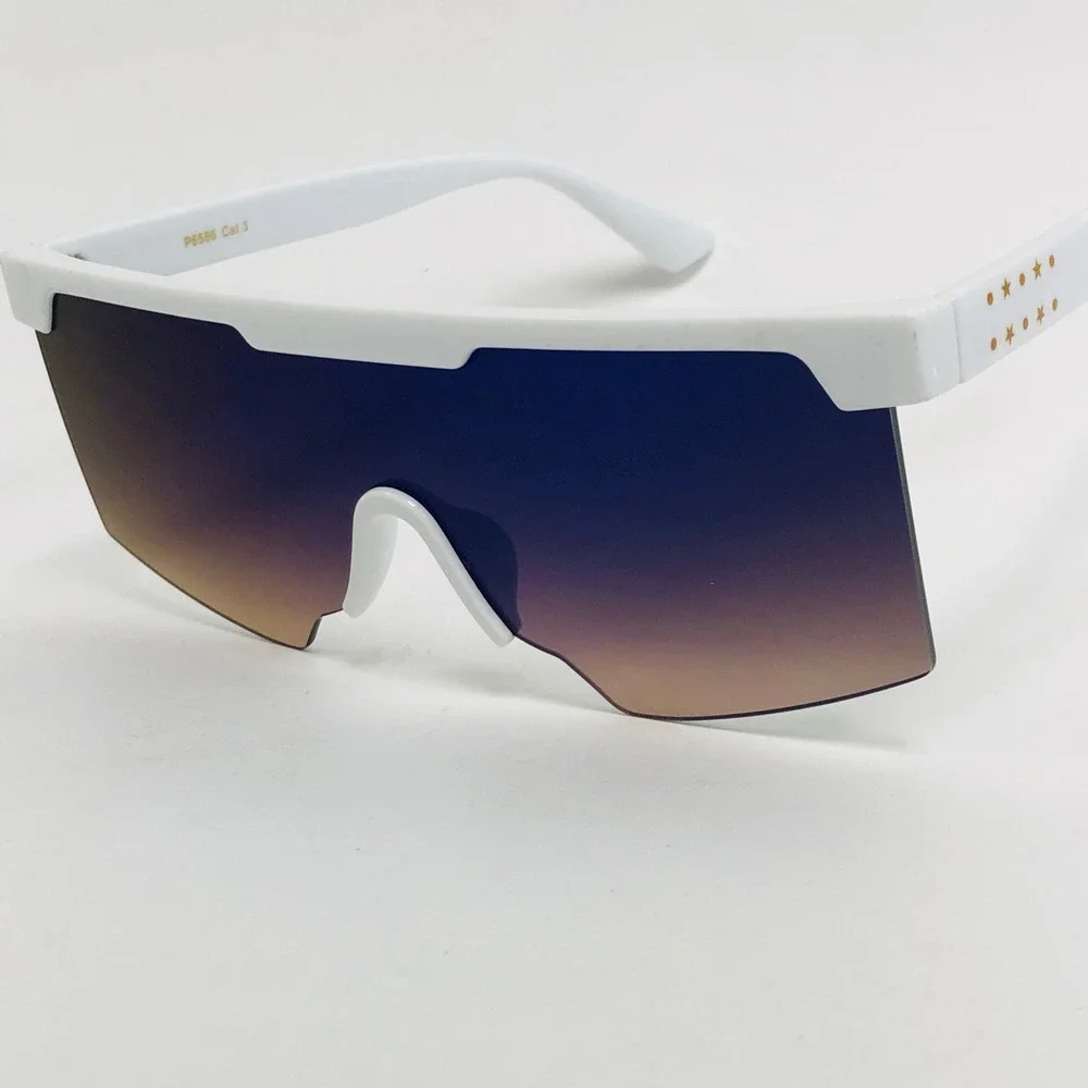Sunglasses White Frame Blue Mirror Reflective Lens Oversized Fishing Beach Shade